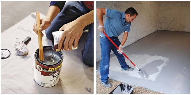 Don't be fooled by the term "epoxy" in epoxy paint. They are very different than epoxy coatings. Photos courtesy of www.floorpaintexpress.co.uk & www.paintspeckledpawprints.net